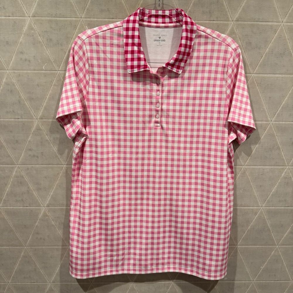 Lands' End Draper James Pink White Gingham Check Short Sleeve Polo Shirt XL